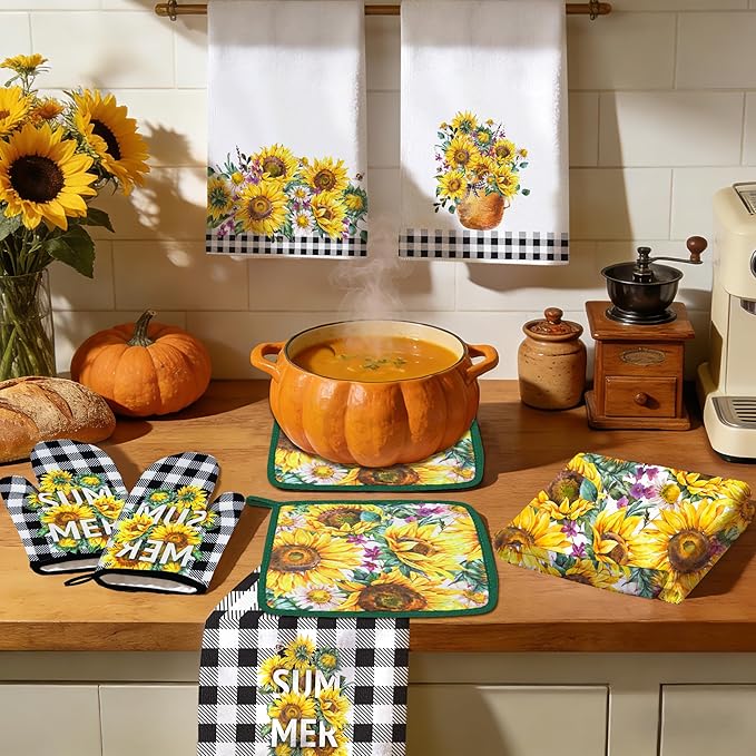 10 PCS Sunflower Plaid Kitchen Decor and Accessories - Sets 4 Kitchen Towels 2 Pot Holders 2 Oven Mitts 2 Rugs for Kitchen Bathroom Home Cooking Farmhome Housewarming Baking Daughter Mom Gifts