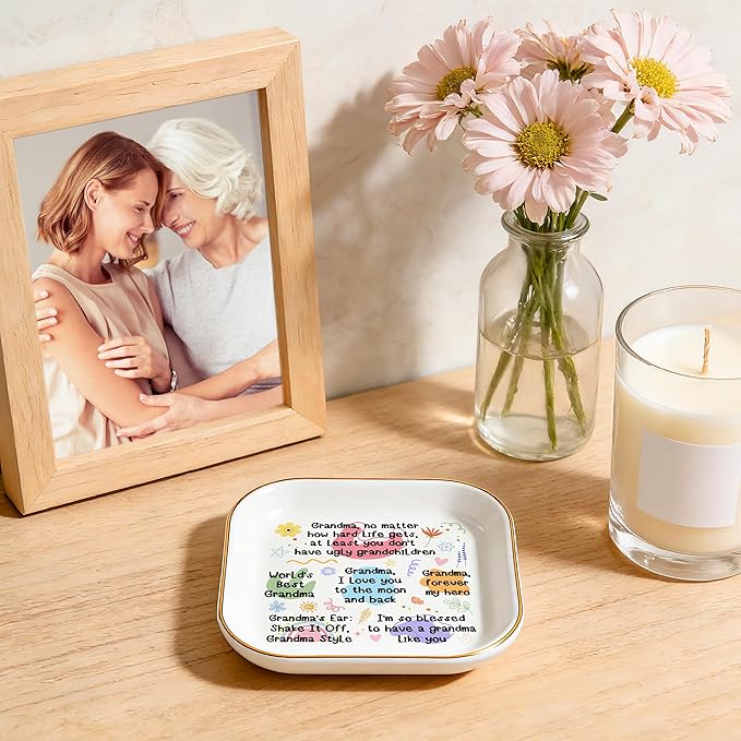 PUDDING CABIN Grandma Gifts: Jewelry Dish - At Least You Don't Have Ugly Grandchildren - Sentimental Gifts for Grandma Mother’s Day, Birthday, Christmas & Wedding