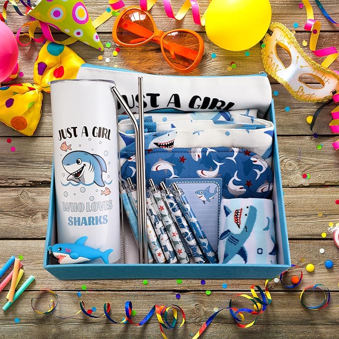 Wonderjune 14 Set Ocean Themed Gifts Baskets Set Summer Sea Marine Life Gifts for Ocean Animal Lover Tote Keychain Cup Socks Makeup Bags Box for Teens Friend Birthday Graduation Party