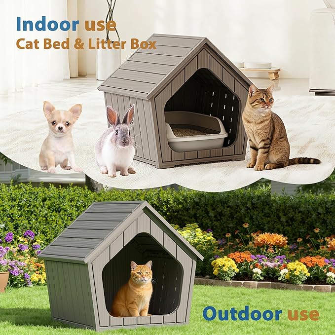 Cat Litter Box Enclosure, Hidden Covered Litter Box Furniture with Air Holes, Resin Outdoor Cat House Weatherproof, Wide Opening Design for Easy Cleaning, Grey