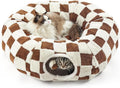 Lesure Cat Tunnel Bed for Indoor Cats - Cute Cat Donut Tunnel Toys for Small Large Cats with Washable Circle Cushion, Round Pet Peekaboo Cave Toy for Kitten/Puppy/Rabbit, Standard Brown Checks