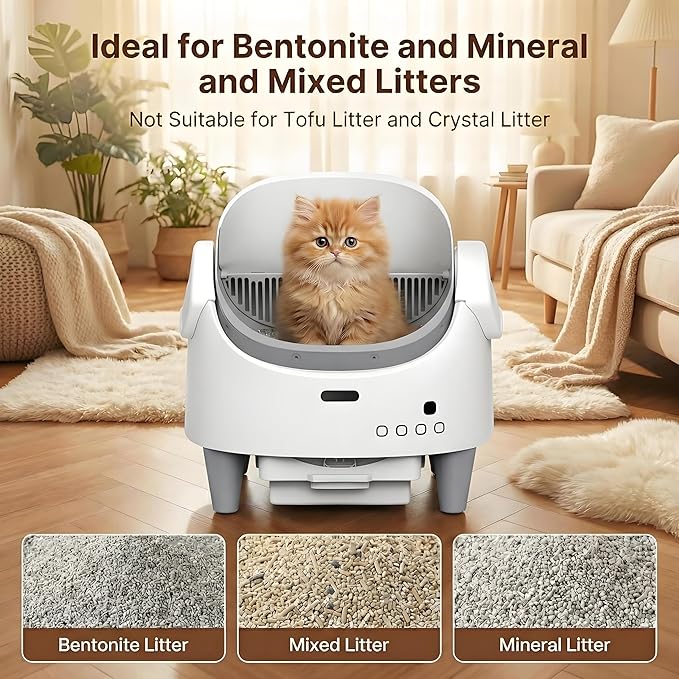 Self Cleaning Litter Box, Open Top Automatic Cat Litter Box with App Control for Multiple Cats, Electric Cat Litters Box Adjustable Entrance Height, Multi-Sensor Safety Protection, 1 Roll Garbage Bags
