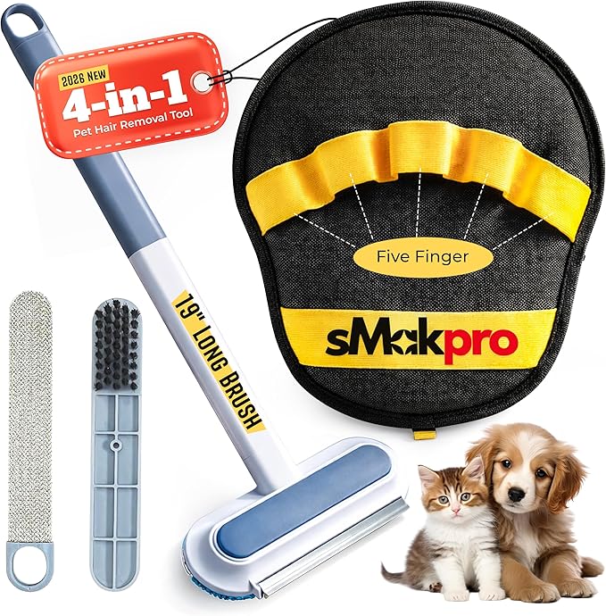 Pet Hair Removal Tool for Dogs & Cats (19" Long Brush + Gloves), Electrostatic Reusable Pet Hair Remover, Five Finger Magic Brush with Adjustable Handle for Couch, Carpet, Bedding, Clothes