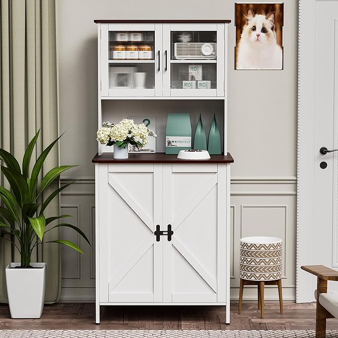 PakaLife Cat Litter Box Enclosure Furniture for Self-Cleaning Litter Box, Wood Cat Washroom Furniture with Cabinet, Shelves and Doors