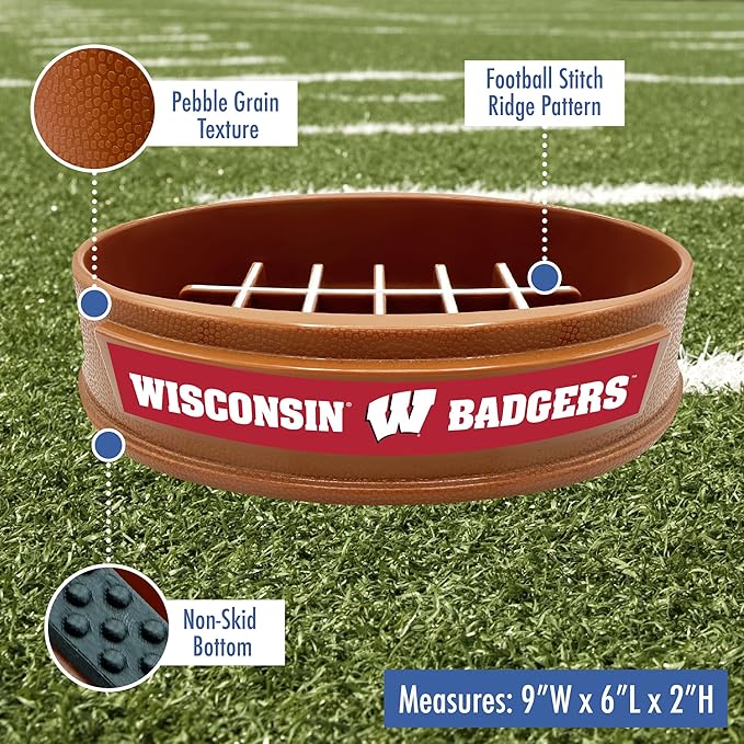NCAA Super-Bowl - Wisconsin Badgers Slow Feeder Dog Bowl. Football Design Slow Feeding Cat Bowl for Healthy Digestion. Non-Slip Pet Bowl for Large & Small Dogs & Cats