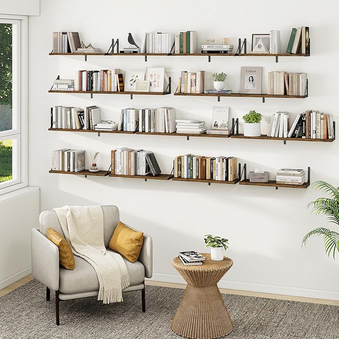Heimlove Floating Book Shelves for Wall,23.6 Inches Wall Bookshelf Mounted Display&Storage Wood Shelves for Kitchen Bathroom Laundry Living Room,Set of 3,Rustic Brown