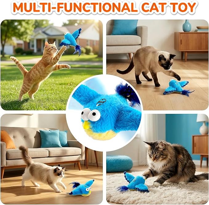 Flying Bird Cat Toys - Interactive Simulated Chirping & Flapping Wings, Realistic Flappy Chase with Catnip, Viral USB Rechargeable Motion-Activated Toy for Indoor Cats