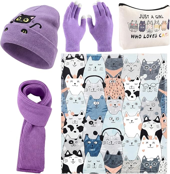 Mepase 6 Pcs Winter Cat Gifts Set for Women Birthday Include Cat Beanie, Scarf, Touchscreen Gloves, Flannel Throw Blanket Makeup Pouch and Transparent Zip Tote Purple Knit Valentine Gift Accessories