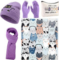 Mepase 6 Pcs Winter Cat Gifts Set for Women Birthday Include Cat Beanie, Scarf, Touchscreen Gloves, Flannel Throw Blanket Makeup Pouch and Transparent Zip Tote Purple Knit Valentine Gift Accessories