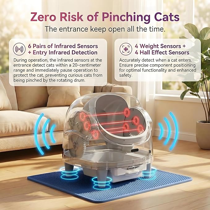 Self Cleaning Litter Box, Open Top Automatic Cat Litter Box with App Control for Multiple Cats, Electric Cat Litters Box Adjustable Entrance Height, Multi-Sensor Safety Protection, 1 Roll Garbage Bags