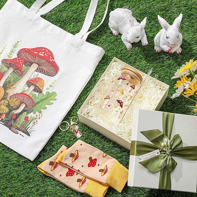 Paterr 4 Pcs Mushroom Gifts for Women Mushroom Lover Gift for Mother's Day Birthday Decorations, with Canvas Tote Bag 16oz Glass Coffee Cup with Straw Socks Cute Keychain
