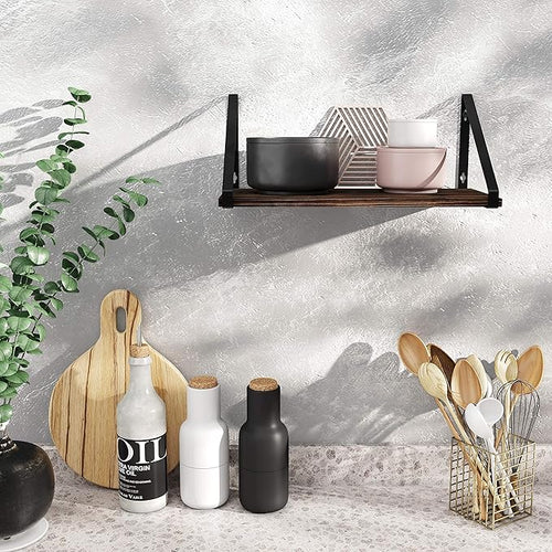 BAMEOS Floating Shelves Rustic Wood Wall Shelf Wall Mounted Shelves for Living Room, Office, and Bedroom, with Metal Bracket