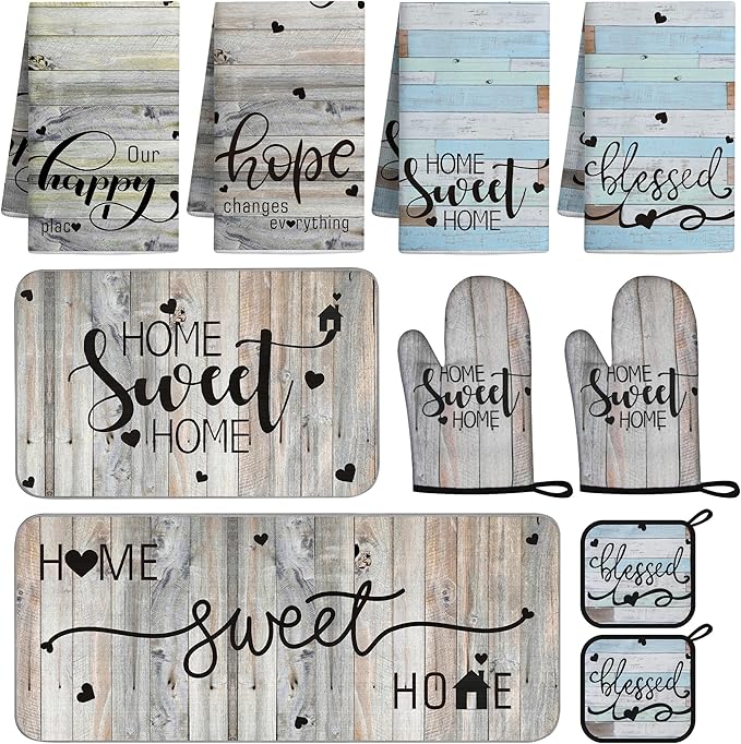 10 Pcs Farmhouse Kitchen Decor and Accessories Set 4 Kitchen Dish Towels 2 Pot Holders 2 Oven Mitts 2 Rugs for Floor Home Decorations Cooking Baking Mom Daughter Gifts Black White Brown