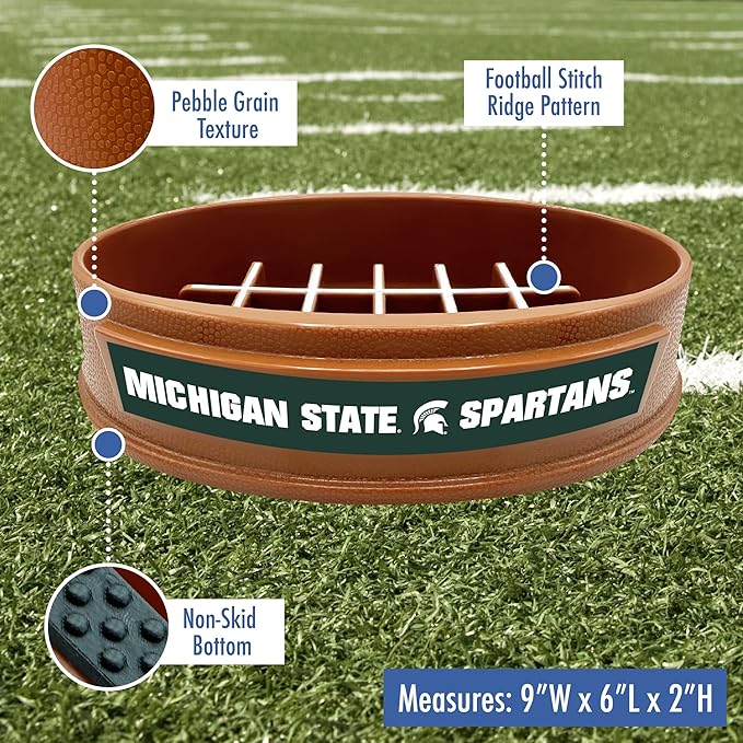 NCAA Super-Bowl - Michigan State Spartans Slow Feeder Dog Bowl. Football Design Slow Feeding Cat Bowl for Healthy Digestion. Non-Slip Pet Bowl for Large & Small Dogs & Cats