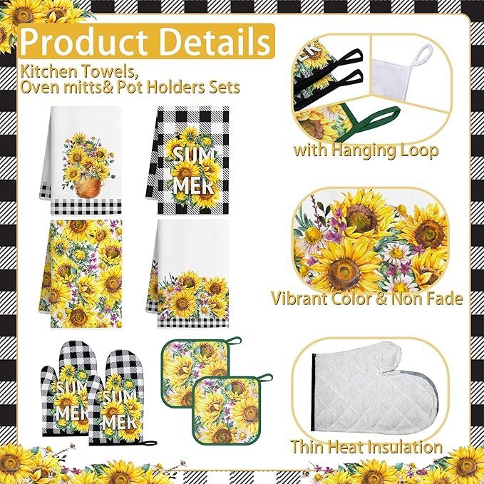 10 PCS Sunflower Plaid Kitchen Decor and Accessories - Sets 4 Kitchen Towels 2 Pot Holders 2 Oven Mitts 2 Rugs for Kitchen Bathroom Home Cooking Farmhome Housewarming Baking Daughter Mom Gifts