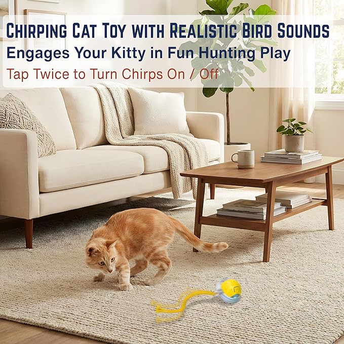 Interactive Cat Toy LED Rolling Ball — Motion-Activated, USB-C Rechargeable, 3 Play Modes, Replaceable Tails — Quiet Automatic Ball for Indoor Cats & Kittens — Safe & Durable (Yellow)