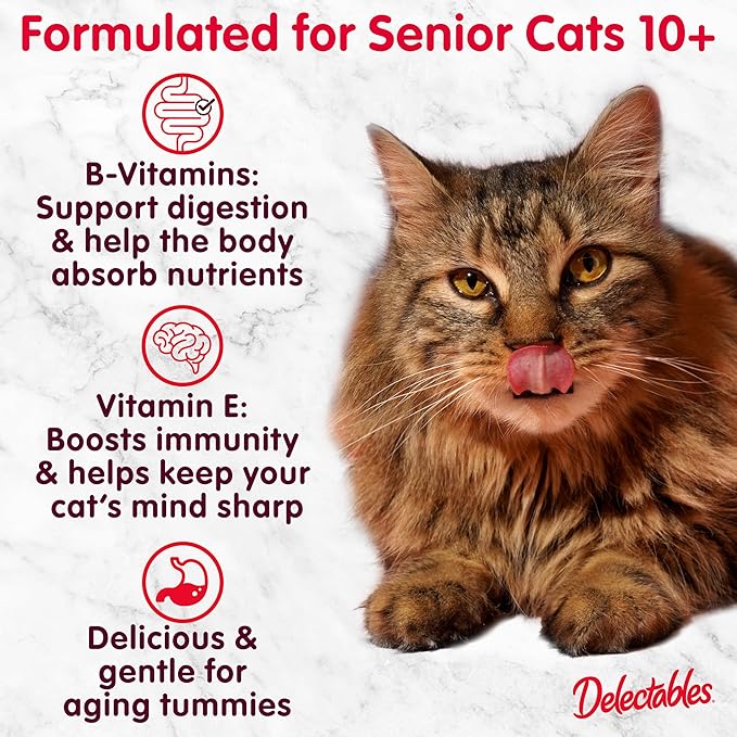 Delectables Lickable Treat Stew Senior 10+ Wet Cat Treat with Real Chicken, Food Topper, Hydrating, Grain-Free, No Fillers, No By-Products, No Added Preservatives, 1.4oz Pouch, 12ct