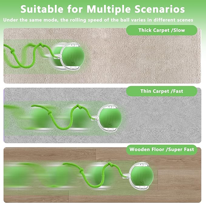 Interactive Cat Ball Toys,Indoor Moving Cat Toys, Automatic Rolling Toy with Cord, Interesting Rotating Ball Toy for Dogs and Cats (Green)