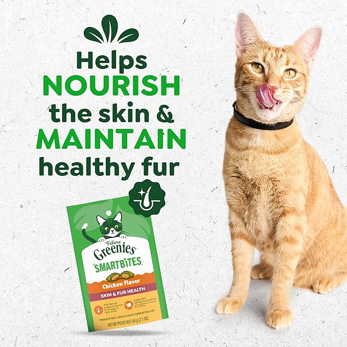 Greenies Cat Treats, Feline Smartbites, Skin & Fur Health, Crunchy and Soft Cat Treats, Chicken Flavor, 2.1 oz. Pack