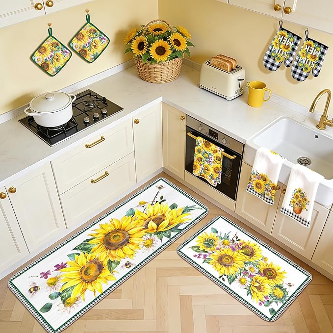 10 PCS Sunflower Plaid Kitchen Decor and Accessories - Sets 4 Kitchen Towels 2 Pot Holders 2 Oven Mitts 2 Rugs for Kitchen Bathroom Home Cooking Farmhome Housewarming Baking Daughter Mom Gifts