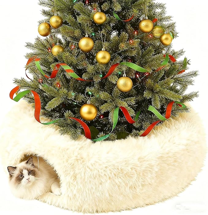 3 in-1 Cat Donut Bed - Luxurious Cat Tunnel Toys, Plush Cat Tunnel with Hanging Toys, Washable Pet Bed for Cats Kittens Rabbits, Xmas Decoration & Cat Tree Barrier