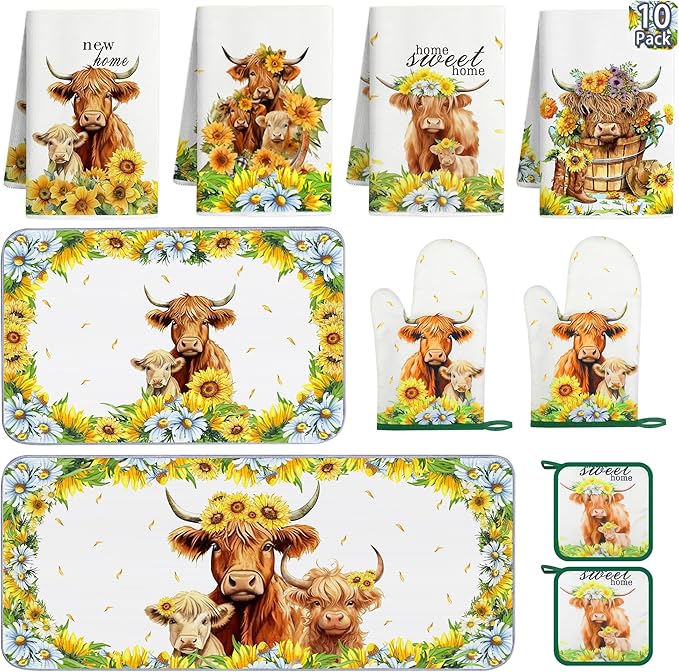 10 PCS Highland Cow Decor Kitchen Accessories - Sets 4 Dish Towels 2 Pot Holders 2 Oven Mitts 2 Rugs for Home Sweet Home Sunflower Cattle Bathroom Cooking Farmhome Housewarming Baking Gifts