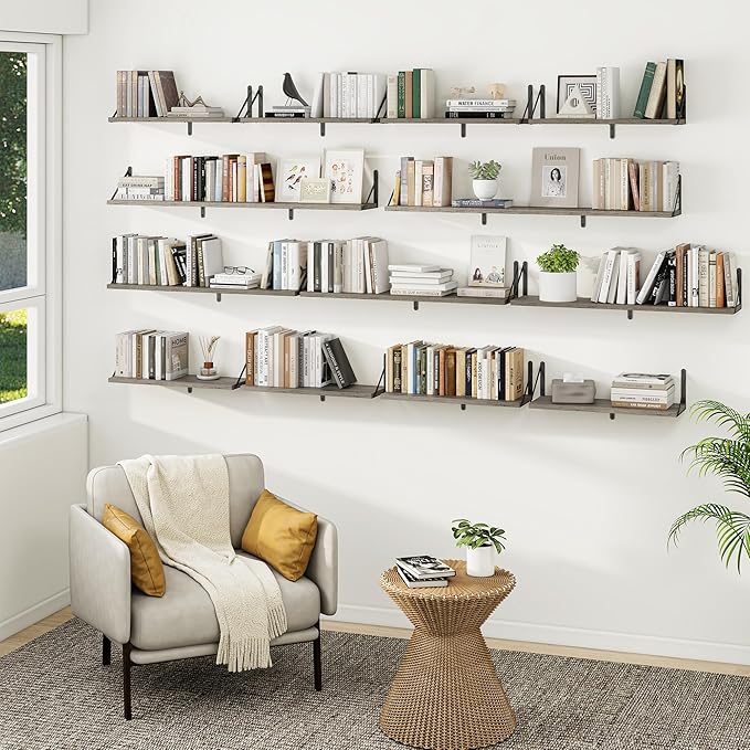 Heimlove Floating Book Shelves for Wall,35.4 Inches Long Wall Mounted Bookshelves,Heavy Duty Bracket Shelves for Living Room Kitchen,Laundry Room Storage & Decor,Set of 3,Silver Grey