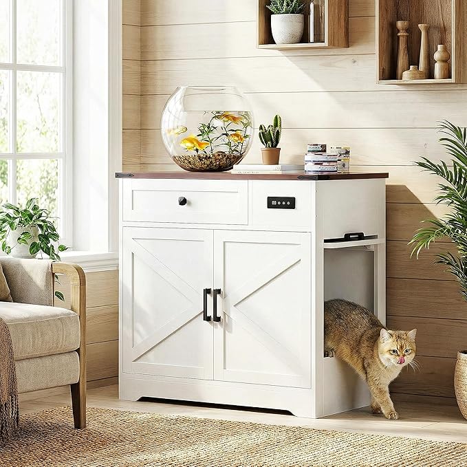 LIKIMIO 31.5" Smart Cat Litter Box Enclosure with LED Odor Control, Farmhouse Hidden Cat Litter Box Furniture with Hinged Entrance and Drawer, Litter Box Cabinet for Living Room, White