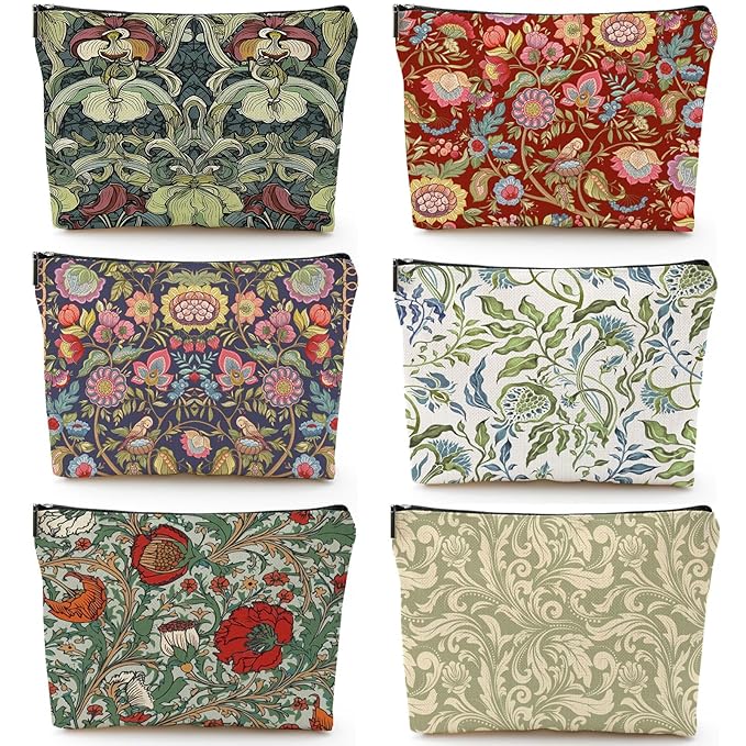 CHENGU 6 Pcs Vintage Makeup Bag Gifts Botanical Classic Floral Canvas Cosmetic Bags Portable Aesthetics Floral Toiletry Bags Birthday graduation Gifts for Women Girls Mom Friends