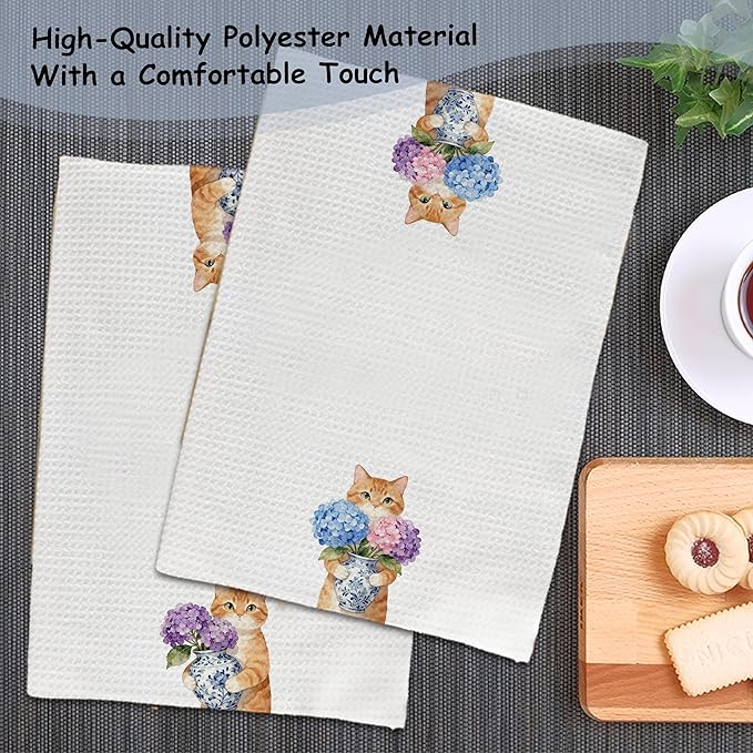 Orange Tabby Cat Hydrangea Kitchen Towels, Cat Lovers Gifts Dish Tea Towels for Kitchen Decor, Chinoiserie Porcelain Floral Kitty Decorative Hand Towel Bathroom Decor, 16x24 Inch Set of 2
