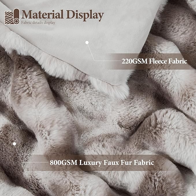 Touchat Luxury 1000GSM Faux Rabbit Fur Throw Blanket, Super Heavy Warm Cozy Grey Blankets for Couch Bed Sofa, Ruched Plush Fuzzy Elegant Soft Reversible Mink Blanket for Living Room Bedroom