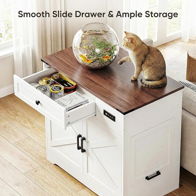 LIKIMIO 31.5" Smart Cat Litter Box Enclosure with LED Odor Control, Farmhouse Hidden Cat Litter Box Furniture with Hinged Entrance and Drawer, Litter Box Cabinet for Living Room, White