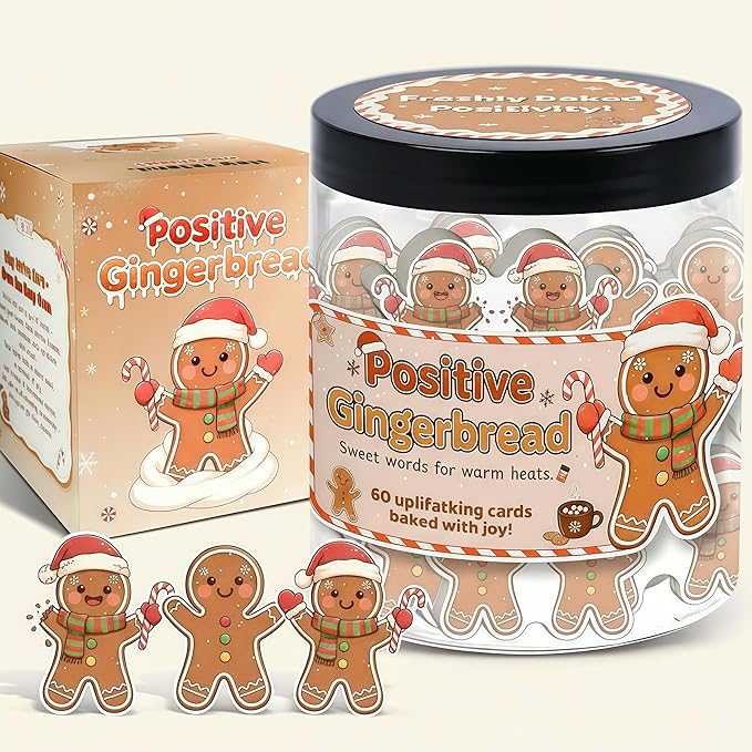 Positive Gingerbread Christmas Jar with 60 Affirmation Cards, Emotional Support Gingerbread Holiday Gift, Cute Gingerbread Decor, Christmas Gingerbread Gifts for Women, Men, Teens, Teachers