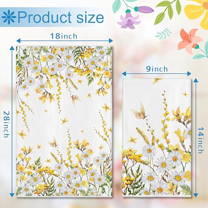 Hexagram Spring Kitchen Towels Sets of 2,Yellow Flower Hand Towels for Bathroom 18x28 Inch, Spring Farmhouse Home Decorations
