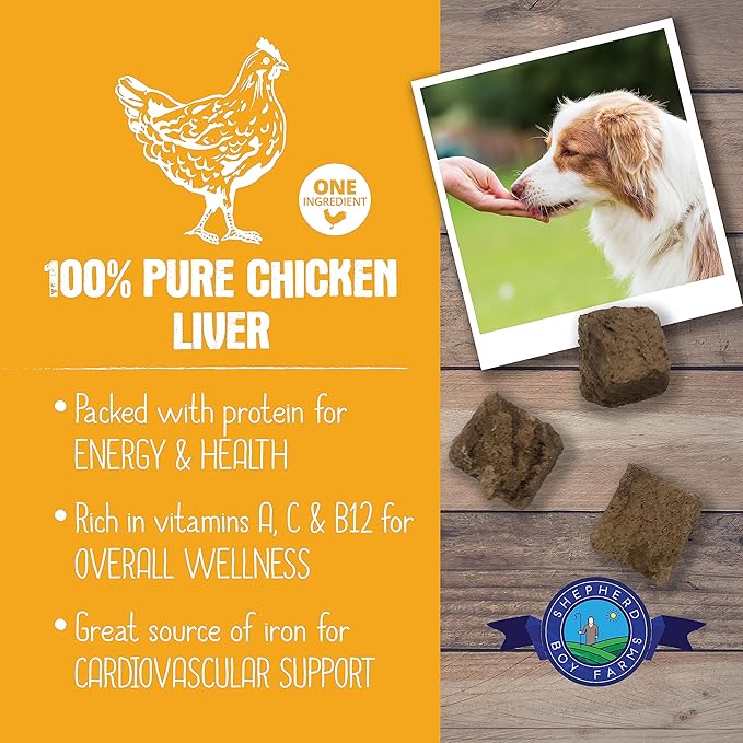 Shepherd Boy Farms Freeze Dried Dog and Cat Treats, Chicken Liver, All Natural Single Ingredient Freeze-Dried Dog Treat & Snacks, Made in USA, High Protein, Essential Nutrition Raw Food, 8oz