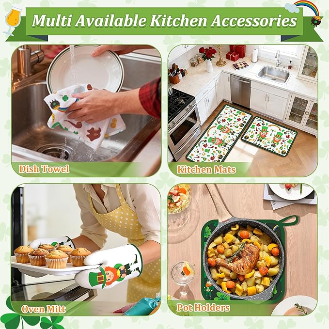 10 PCS Green Kitchen Decor Accessories Sets Shamrock Lucky Clover Kitchen Towels Green Elf Oven Mitts Pot Holders Rug Mat Decoration for Cooking Baking Bathroom Home Camp Spring Gift