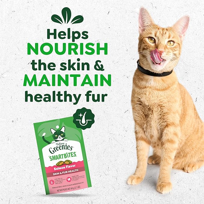 Greenies Cat Treats, Feline Smartbites, Skin & Fur Health, Crunchy and Soft Cat Treats, Salmon Flavor, 2.1 oz. Pack