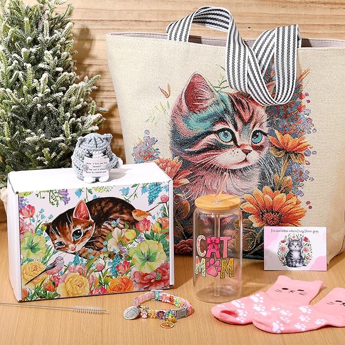 Sadnyy 8 Pcs Cat Themed Gifts for Women Cat Lovers Funny Crazy Mom Gifts Box Basket Set 16 oz Glass Cup Tote Bag Crochet Animal Keychain Stuff Present for Lady People Who Love Kitten Birthday