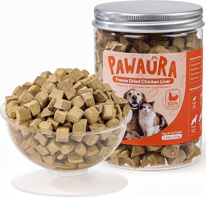 Freeze-Dried Chicken Liver Treats for Dogs & Cats, Single Ingredient, High-Protein, Grain-Free, All-Natural Pet Snack, Resealable Tub, Great for Training or Meal Topper, 3.53oz