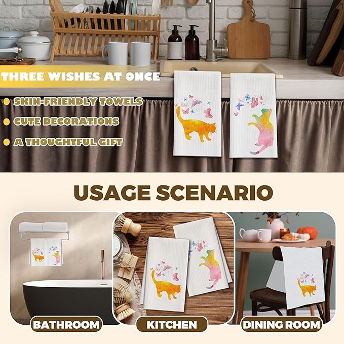 Kitchen Towels Set Of 2, Colorful Cat Dish Towel For Kitchen, Decorative Hand Towels For Bathroom, Fast Drying Tea Towel With Aesthetic Butterfly, Housewarming Gifts For Cat Lover Women Mom -B07