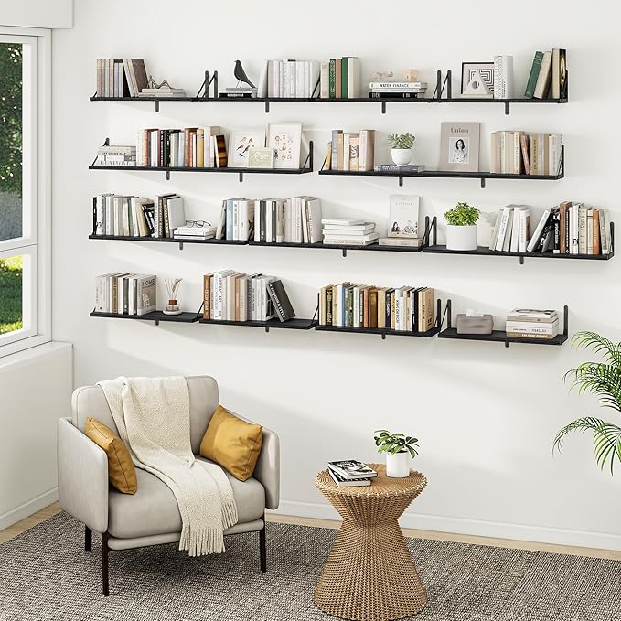 Heimlove Floating Book Shelves for Wall,47.2 Inches Long Wall Mounted Bookshelves,Heavy Duty Bracket Shelves for Living Room Kitchen,Laundry Room Storage & Decor,Set of 3,Black