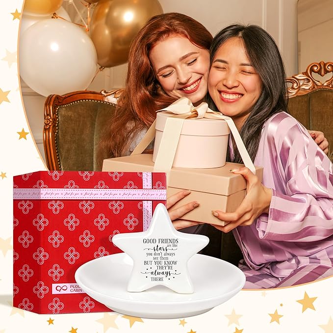 PUDDING CABIN Best Friend Gift - Good Friends are Like Stars Ceramic Jewelry Dish, Star-Shaped Ring Holder for Vanity, Friendship Gift for Women, BFF, Sister
