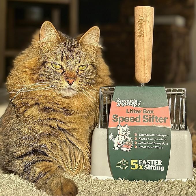 Cat Litter Scoop, Metal Litter Scooper – 5X Faster No-Shake Sifting Design, Stainless Steel Litter Scoop with Holder, Reduces Dust & Waste – Sprinkle & Sweep