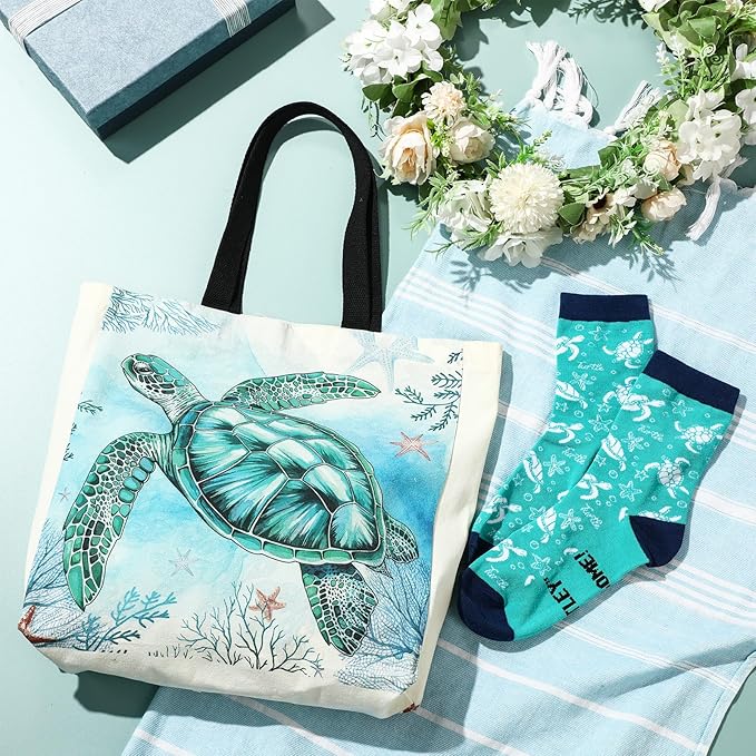 Sea Turtle Lover Gifts for Women Birthday Gifts Baskets Set Include Canvas Tote Bag, Makeup Bag, Socks, Keychain, Enamel Mug, Small Figurines for Mom, Wife, Sister, Friend