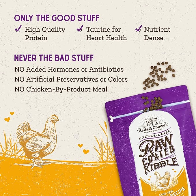 Stella & Chewy's Raw Coated Cat Food - High Protein, Grain-Free Kibble with Cage-Free Chicken - Premium Digestive Support with Probiotics - Natural Small Kibble - Perfect For Picky Eaters - 5 lb Bag