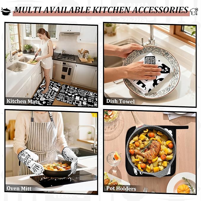 10 PCS Farmhouse Kitchen Decor Sets 4 Black White Kitchen Dish Towels 2 Oven Mitts 2 Pot Holders 2 Rugs Mats Rustic Decorations Accessories for Cooking Baking Bathroom Home Housewarming Camp Mom Gift