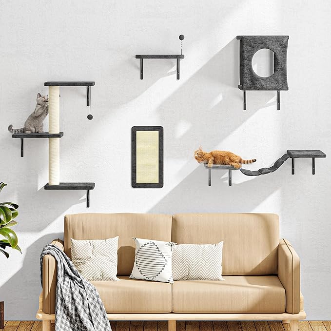 10 Pcs Cat Wall Shelves Set, Wall-Mounted Climber with Cat House, Scratching Post, Bridge, Hammock, Space-Saving Play Furniture, Grey