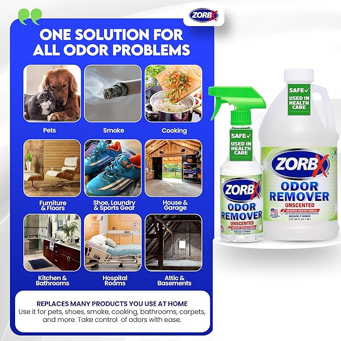 ZORBX Unscented Odor Eliminator for Strong Odor 16 Oz + 64 Oz - Used in Hospitals & Healthcare Facilities - Advanced Trusted Formula, Fast-Acting Odor Remover Spray for Dog, Cat, House & Carpet