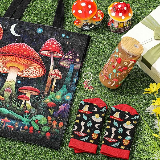 Paterr 4 Pcs Mushroom Gifts for Women Mushroom Lover Gift for Mother's Day Birthday Decorations, with Canvas Tote Bag 16oz Glass Coffee Cup with Straw Socks Cute Keychain