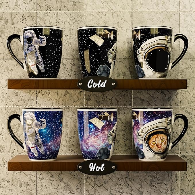 Color Changing Astronaut Cat Coffee Mug 15oz – Heat Sensitive Space Cup with Galaxy Reveal – Funny Novelty Gift, Magic Mug, Unique Cosmic Collectible and gift for Cat Lovers, Christmas & Birthday